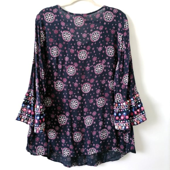 Style & Co Womens Blue Round Neck Bell Sleeve Embroidered Floral Blouse Size L - Picture 4 of 7